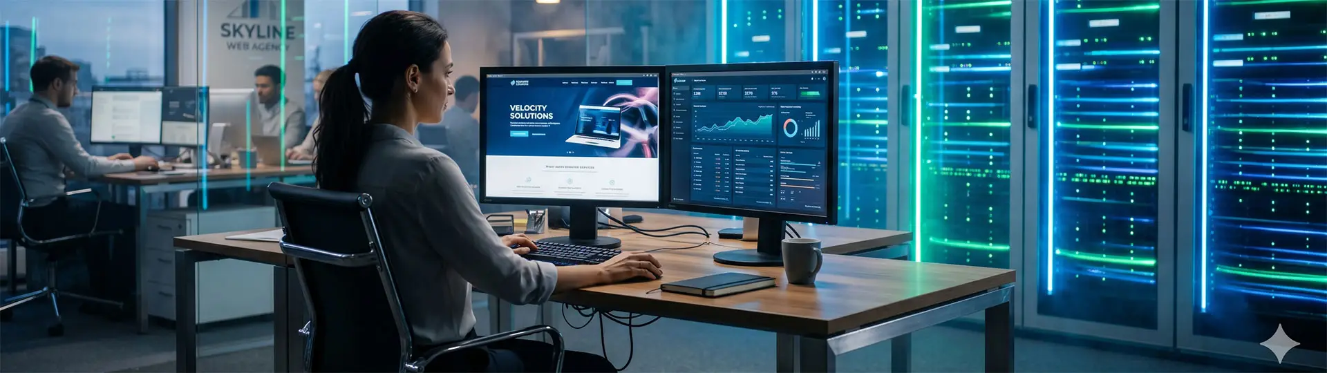 Workstation web design con monitor 21:9, grafici di ottimizzazione SEO e server rack in Costiera Amalfitana, Salerno.